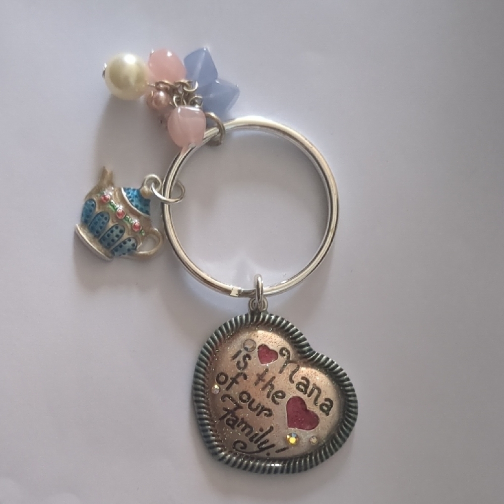 Nana Heart Charm Keychain with Teapot and Beads Mothers Day!